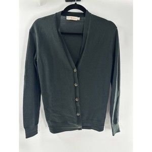 Tory Burch Cardigan Sweater Knit Button Down Gold Logo Wool Blend Green XS
